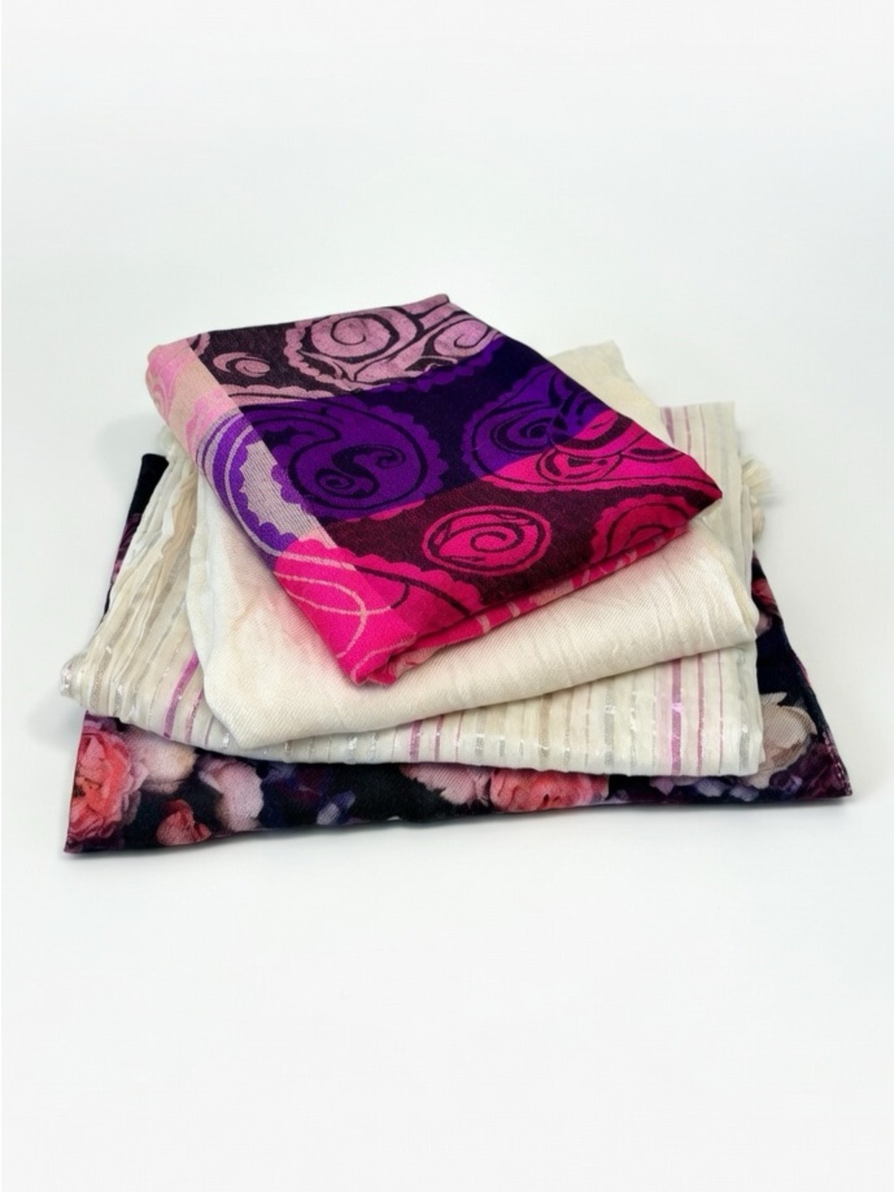 4pc Statement Scarf Lot - Fuchsia Pashmina, Floral, Metallic & Neutral Wraps